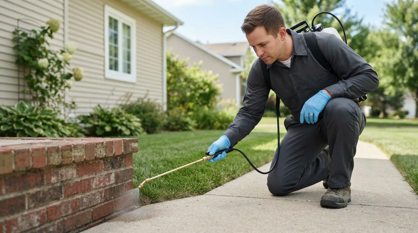 Pest control technician treating a home near Monroe, IN