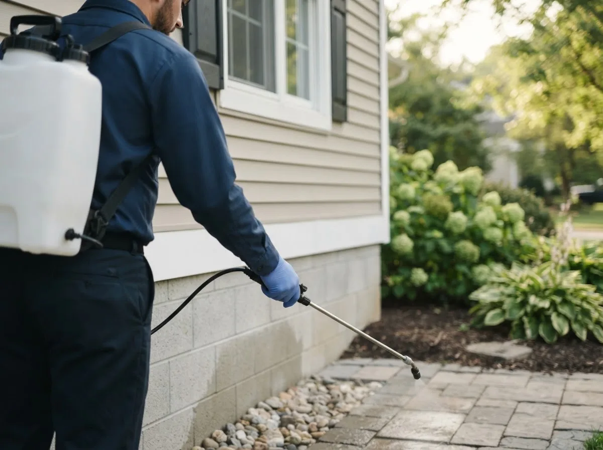 Pest control technician inspecting a home in Monroe, IN